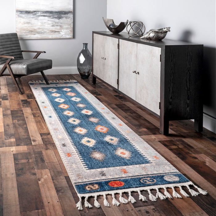 Blue Tribal Vista Tassel Area Rug 50x80 cm