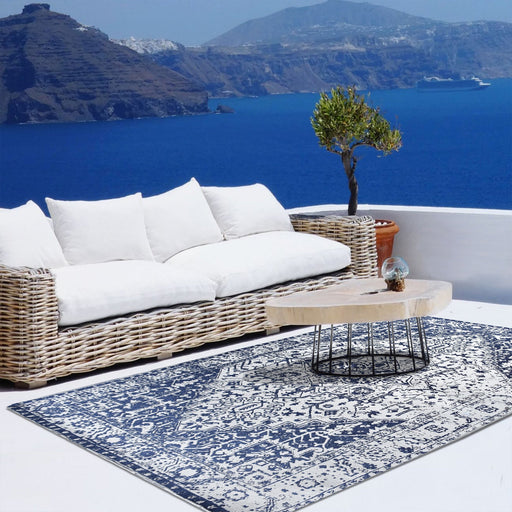 Blue White Polypropylene Rug Inspired by Mykonos Style