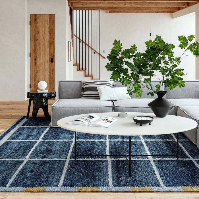 Blue Wool Checked Rug 140x200 cm