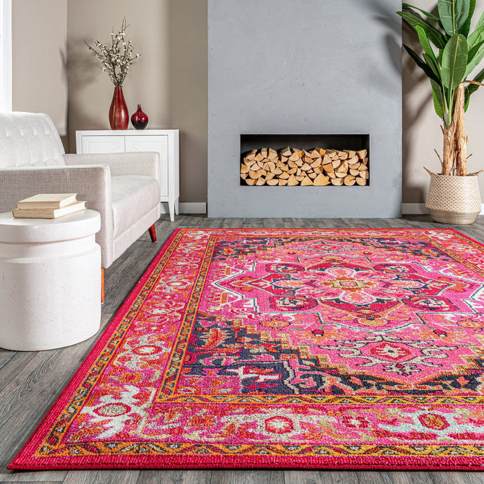 Bohemian Center Medallion Area Rug in Violet Pink