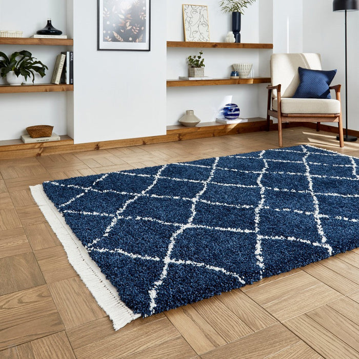 Boho 5413 Modern Moroccan Berber Soft Plush Shaggy Navy Rug