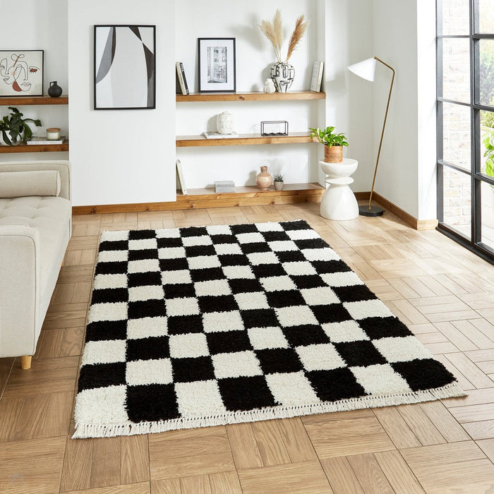 Boho 9433 Modern Moroccan Berber Checkerboard Soft Plush Shaggy Black/White Rug