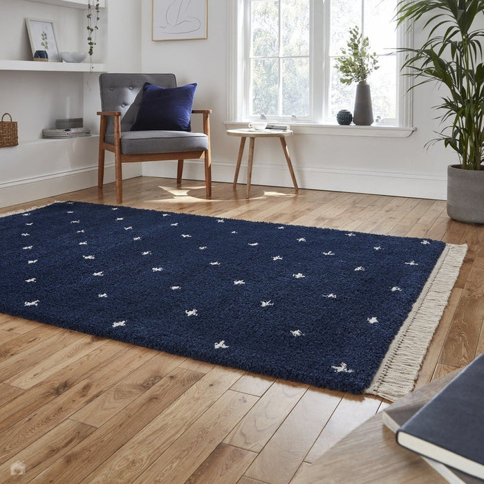 Boho A475 Modern Moroccan Berber Soft Plush Shaggy Navy Blue Rug