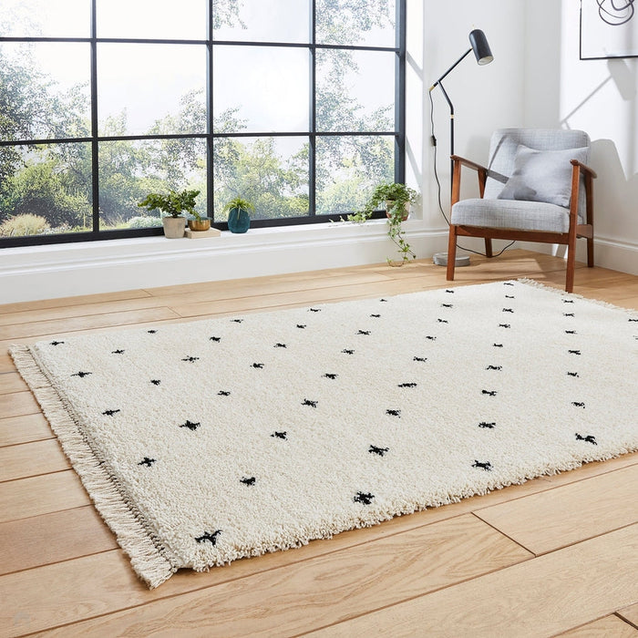 Boho A475 Modern Moroccan Berber Soft Plush Shaggy White/Black Rug