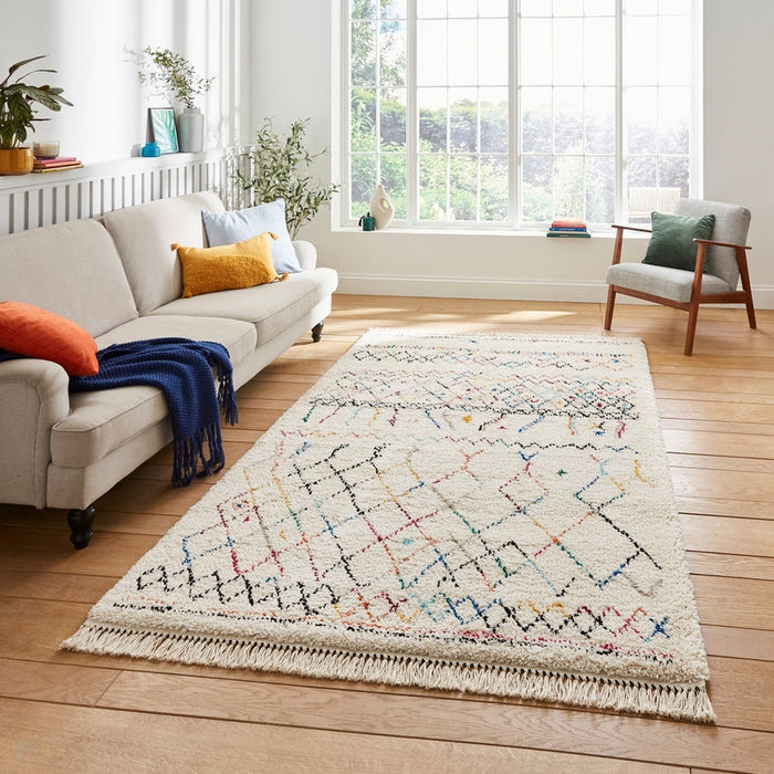 Boho A560 Diamond Modern Moroccan Berber Soft Plush Shaggy White/Multicolour Rug