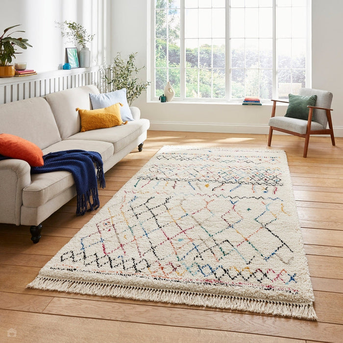 Boho A560 Diamond Modern Moroccan Berber Soft Plush Shaggy White/Multicolour Rug