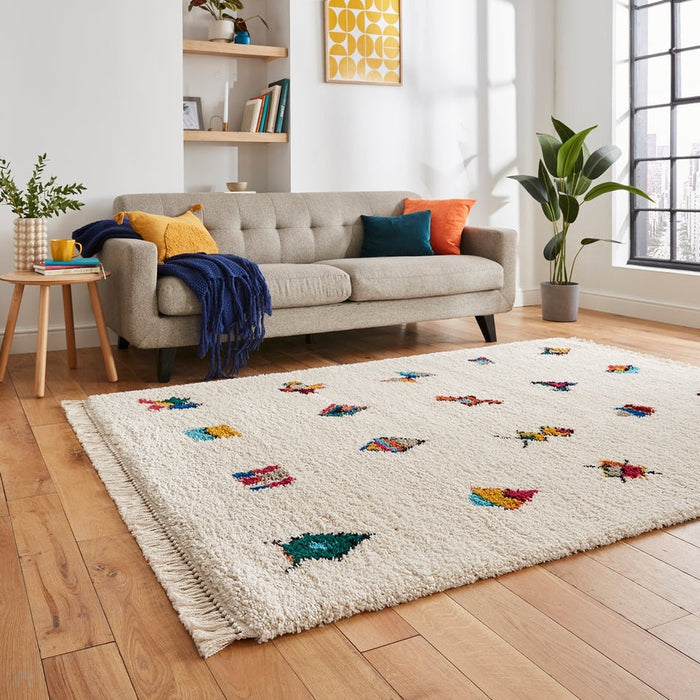 Boho A808 Icon Modern Moroccan Berber Soft Plush Shaggy White/Multicolour Rug