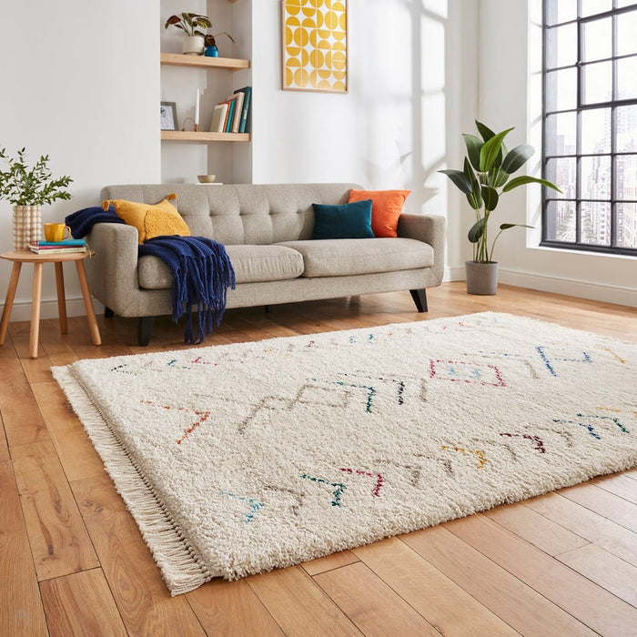 Boho A812 Modern Moroccan Berber Soft Plush Shaggy White/Multicolour Rug