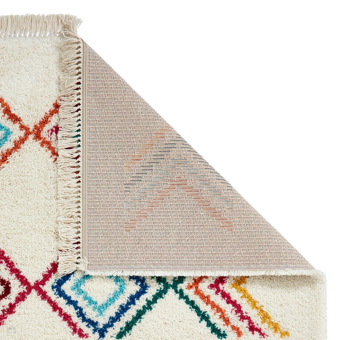 Boho C444 Geometric Modern Moroccan Berber Soft Plush Shaggy White/Multicolour Rug