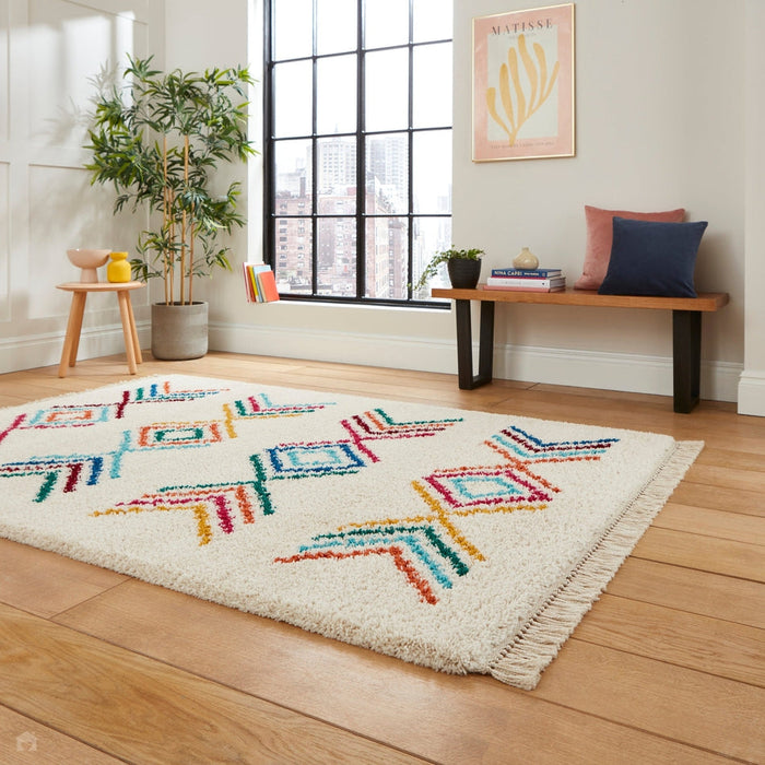 Boho C444 Geometric Modern Moroccan Berber Soft Plush Shaggy White/Multicolour Rug