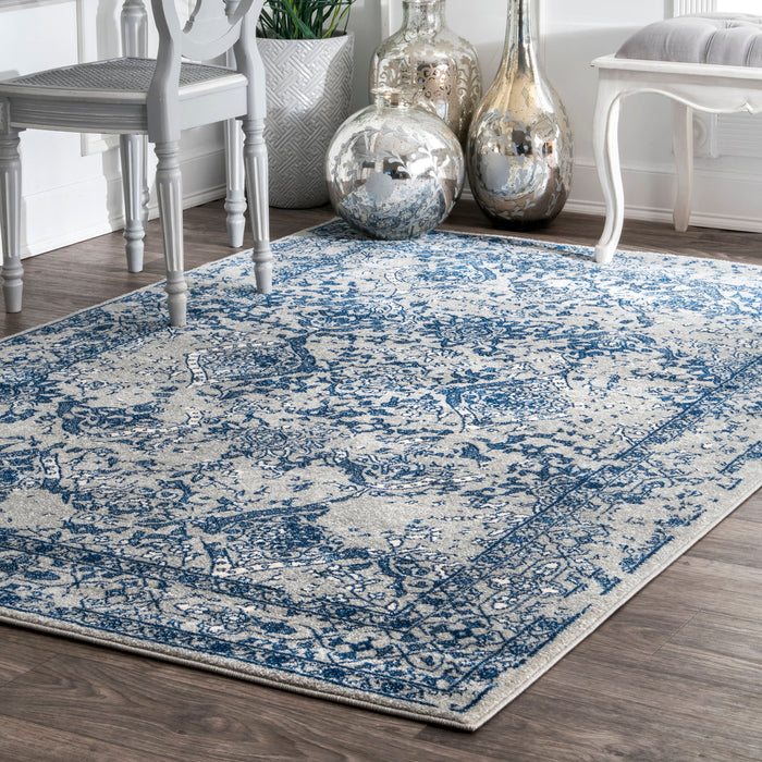 Boho Floral Area Rug in Blue for Living Room and Bedroom