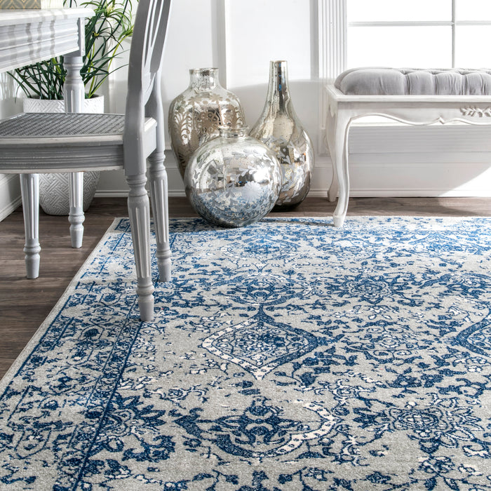 Boho Floral Area Rug in Blue for Living Room and Bedroom