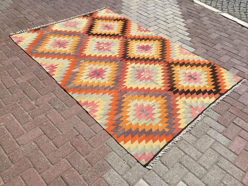 Boho Vintage Handwoven Rug 242cm x 160cm Wool Cotton