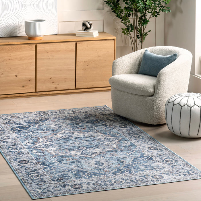 Botanical Pattern Washable Area Rug 140x200 cm Blue