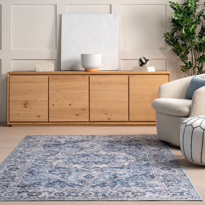 Botanical Pattern Washable Area Rug in Blue 150x240 cm