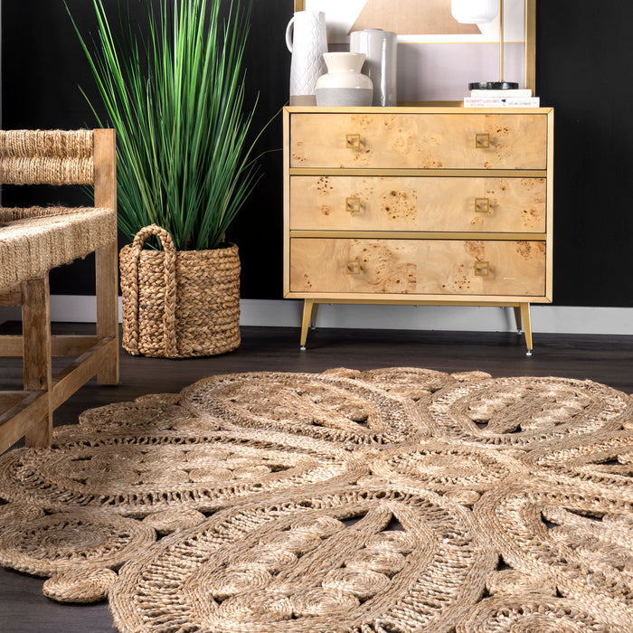 Braided Jute Fiber Floral Area Rug Natural 50x80 cm