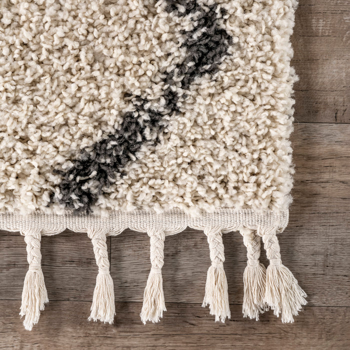 Braided Tassel Area Rug 152 Cm Off White Trellis Design