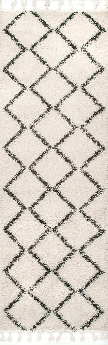 Braided Tassel Area Rug 152 Cm Off White Trellis Design