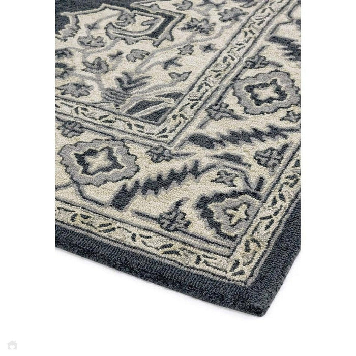 Tappeto persiano tradizionale di Bronte con medaglione bordato, tessuto a mano in lana a trama fine, in pile ombra, grigio scuro/beige/crema