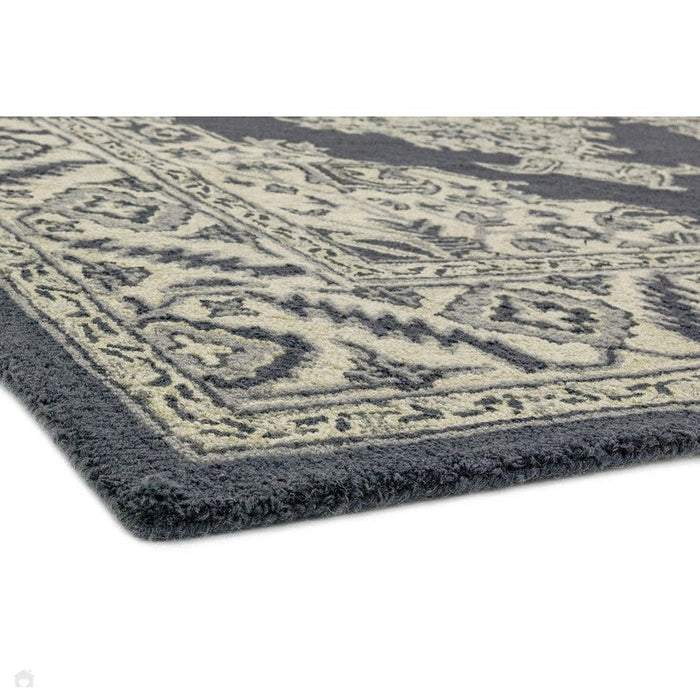 Tappeto persiano tradizionale di Bronte con medaglione bordato, tessuto a mano in lana a trama fine, in pile ombra, grigio scuro/beige/crema