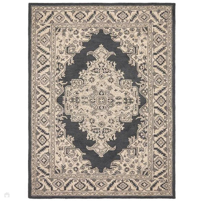 Tappeto persiano tradizionale di Bronte con medaglione bordato, tessuto a mano in lana a trama fine, in pile ombra, grigio scuro/beige/crema