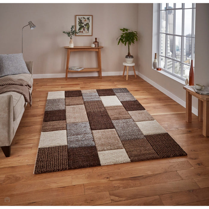 Brooklyn 21830 Modern Geometric Square Patchwork Blocks Soft Hand-Carved Beige/Grey/Brown Rug