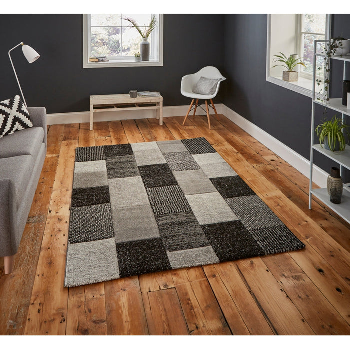 Brooklyn 21830 Modern Geometric Square Patchwork Blocks Soft Hand-Carved Grey/Black Rug