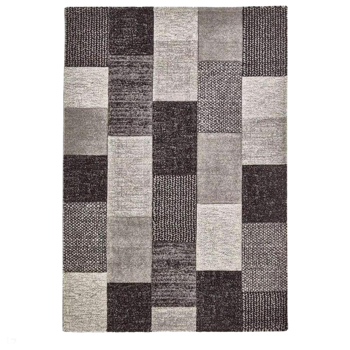 Brooklyn 21830 Modern Geometric Square Patchwork Blocks Soft Hand-Carved Grey/Black Rug