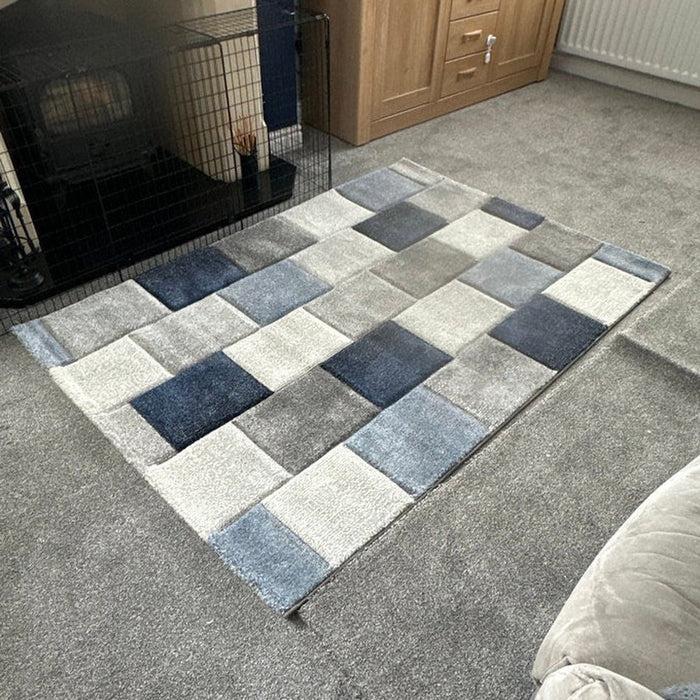 Brooklyn 21830 Modern Geometric Square Patchwork Blocks Soft Hand-Carved Grey/Blue/Cream Rug