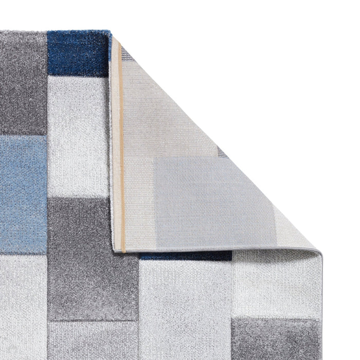 Brooklyn 21830 Modern Geometric Square Patchwork Blocks Soft Hand-Carved Grey/Blue/Cream Rug