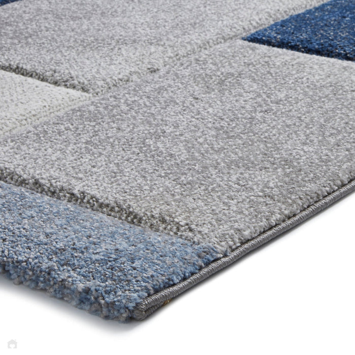 Brooklyn 21830 Modern Geometric Square Patchwork Blocks Soft Hand-Carved Grey/Blue/Cream Rug