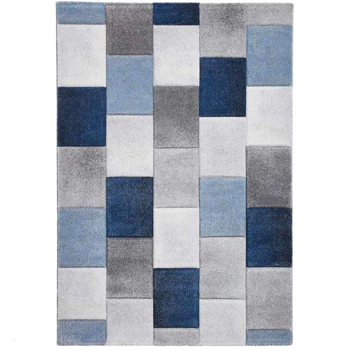 Brooklyn 21830 Modern Geometric Square Patchwork Blocks Soft Hand-Carved Grey/Blue/Cream Rug