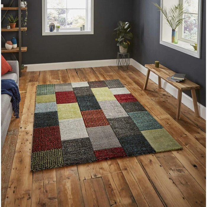 Brooklyn 21830 Modern Geometric Square Patchwork Blocks Soft Hand-Carved Grey/Multicolour Rug