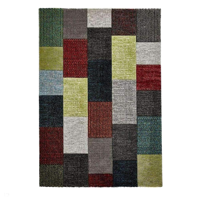 Brooklyn 21830 Modern Geometric Square Patchwork Blocks Soft Hand-Carved Grey/Multicolour Rug