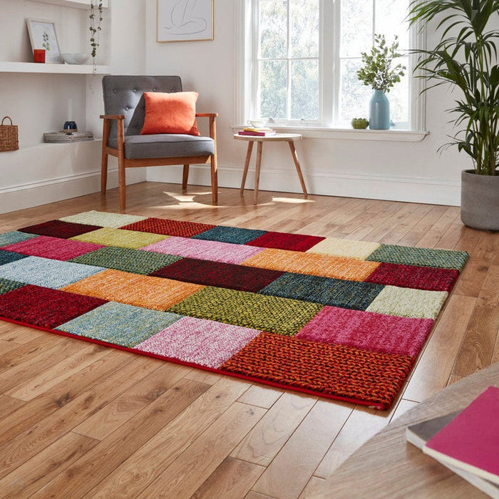 Brooklyn 21830 Modern Geometric Square Patchwork Blocks Soft Hand-Carved Multicolour Rug