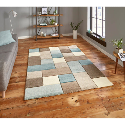 Brooklyn 646 Modern Geometric Tile Blocks Soft Hand-Carved Beige/Blue/Cream Rug