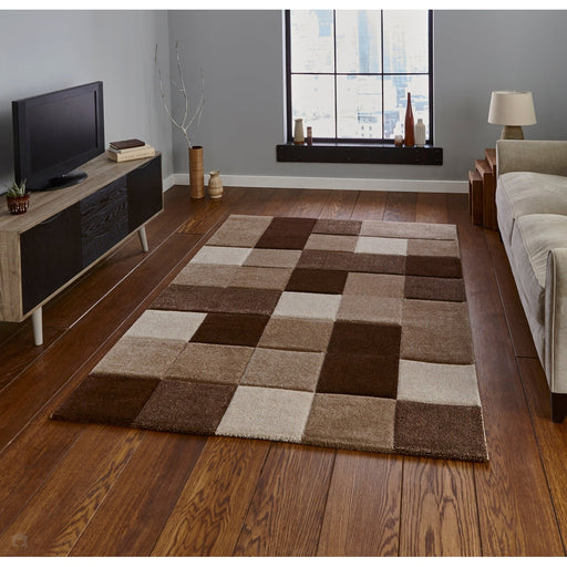 Brooklyn 646 Modern Geometric Tile Blocks Soft Hand-Carved Beige/Brown Rug