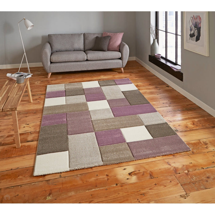 Brooklyn 646 Modern Geometric Tile Blocks Soft Hand-Carved Beige/Purple/Cream Rug