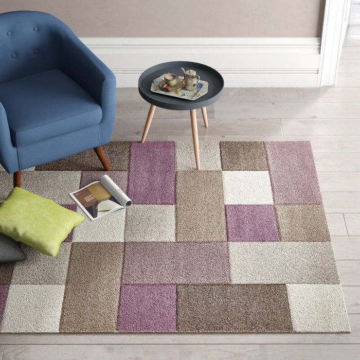 Brooklyn 646 Modern Geometric Tile Blocks Soft Hand-Carved Beige/Purple/Cream Rug