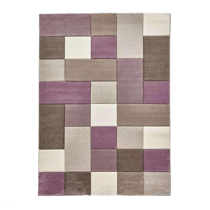 Brooklyn 646 Modern Geometric Tile Blocks Soft Hand-Carved Beige/Purple/Cream Rug