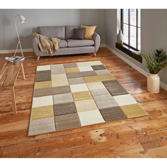 Brooklyn 646 Modern Geometric Tile Blocks Soft Hand-Carved Beige/Yellow/Cream Rug