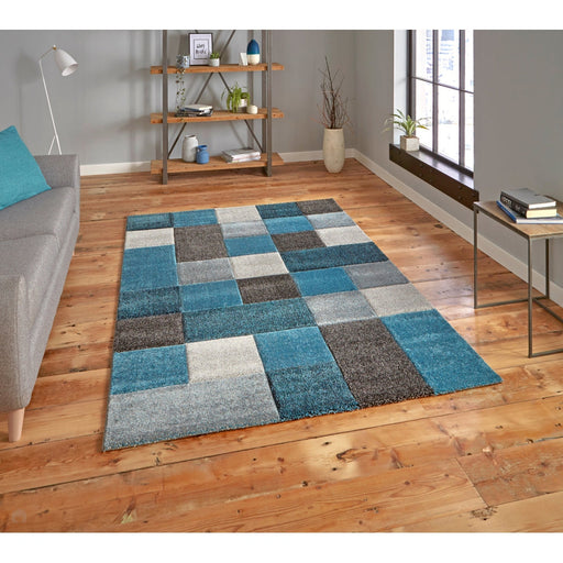 Brooklyn 646 Modern Geometric Tile Blocks Soft Hand-Carved Blue/Grey/Cream Rug