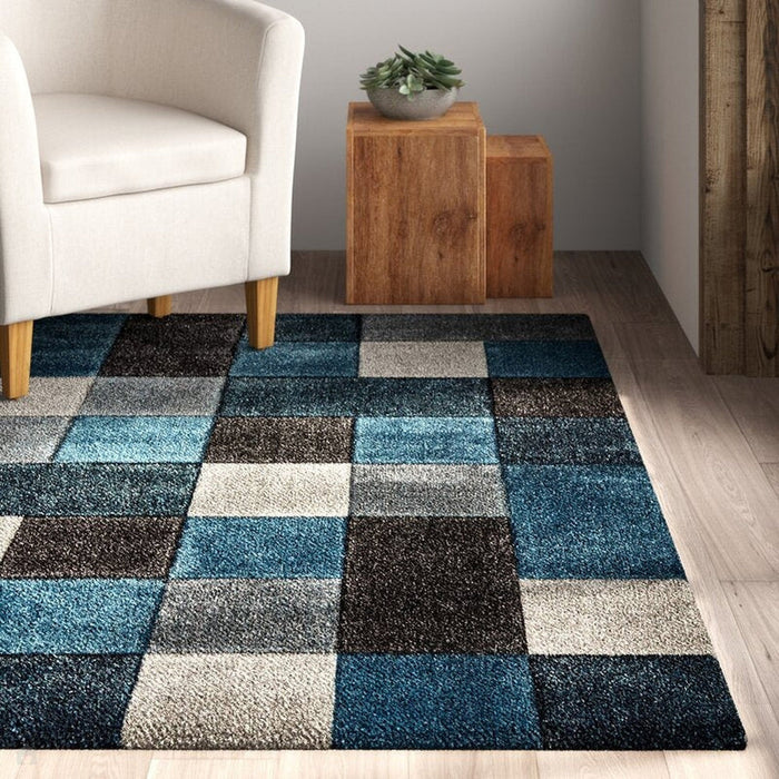 Brooklyn 646 Modern Geometric Tile Blocks Soft Hand-Carved Blue/Grey/Cream Rug