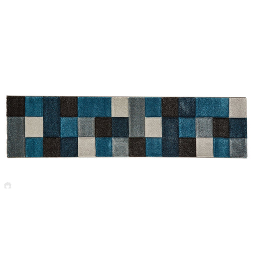 Brooklyn 646 Modern Geometric Tile Blocks Soft Hand-Carved Blue/Grey/Cream Runner