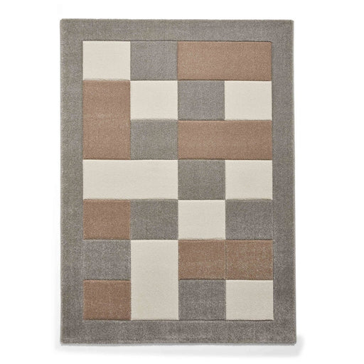 Brooklyn BRK04 Modern Geometric Patchwork Blocks Border Soft Hand-Carved Grey/Beige/Cream Rug