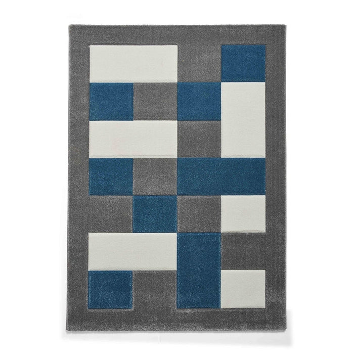 Brooklyn BRK04 Modern Geometric Patchwork Blocks Border Soft Hand-Carved Grey/Blue/Cream Rug