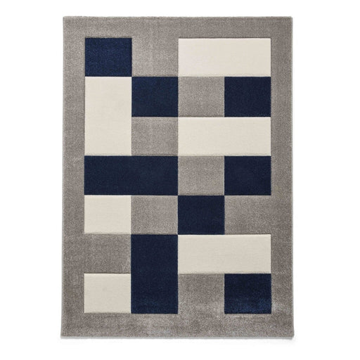 Brooklyn BRK04 Modern Geometric Patchwork Blocks Border Soft Hand-Carved Grey/Navy/Cream Rug