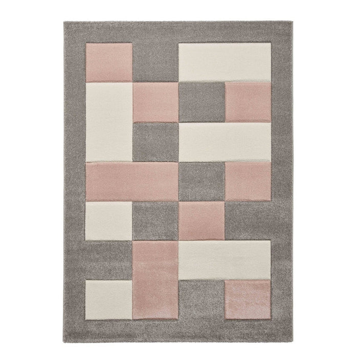 Brooklyn BRK04 Modern Geometric Patchwork Blocks Border Soft Hand-Carved Grey/Rose/Cream Rug