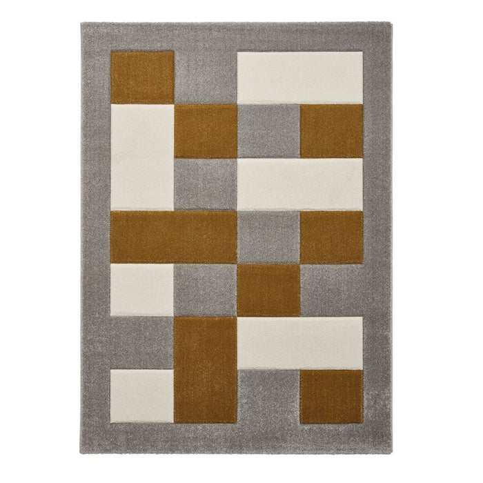 Brooklyn BRK04 Modern Geometric Patchwork Blocks Border Soft Hand-Carved Grey/Yellow/Cream Rug