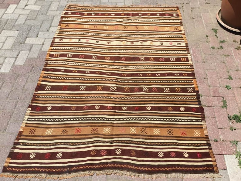 Bruin gestreept vintage kelimkleed 196 x 140 cm handgemaakt